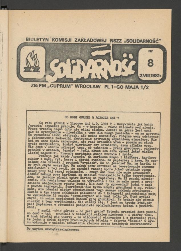 Biuletyn Komisji Zakładowej NSZZ „Solidarność” ZBiPM „Cuprum” Wrocław. 1981, numer 8