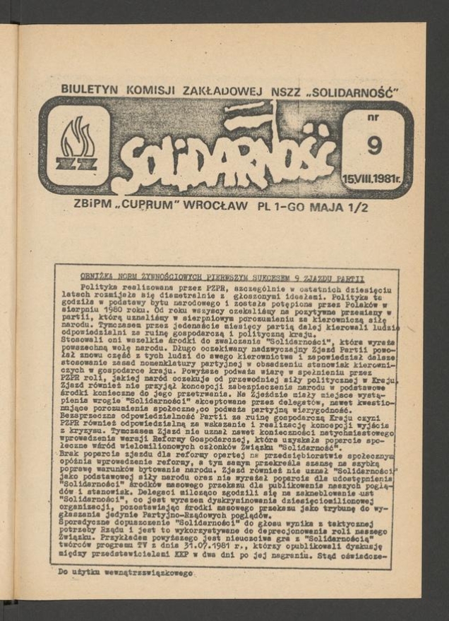 Biuletyn Komisji Zakładowej NSZZ „Solidarność” ZBiPM „Cuprum” Wrocław. 1981, numer 9