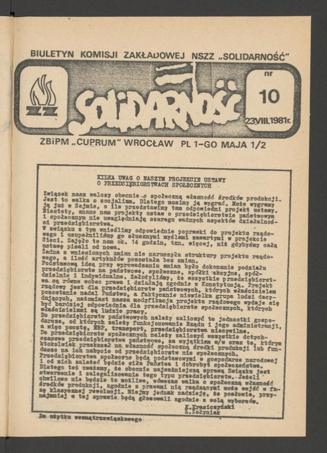 Biuletyn Komisji Zakładowej NSZZ „Solidarność” ZBiPM „Cuprum” Wrocław. 1981, numer 10