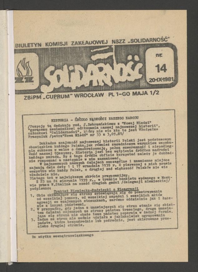 Biuletyn Komisji Zakładowej NSZZ „Solidarność” ZBiPM „Cuprum” Wrocław. 1981, numer 14