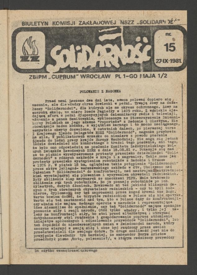 Biuletyn Komisji Zakładowej NSZZ „Solidarność” ZBiPM „Cuprum” Wrocław. 1981, numer 15