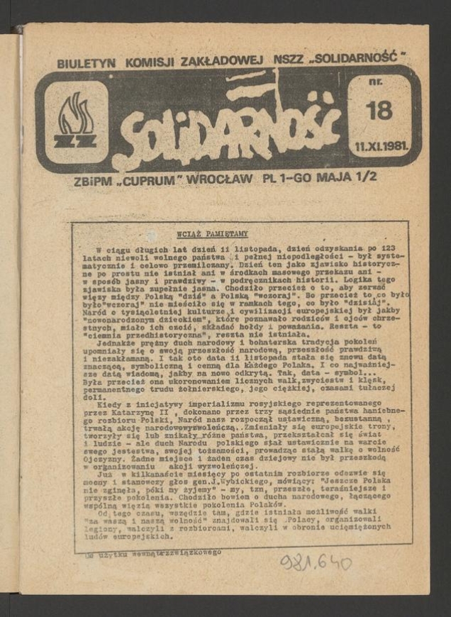Biuletyn Komisji Zakładowej NSZZ „Solidarność” ZBiPM „Cuprum” Wrocław. 1981, numer 18