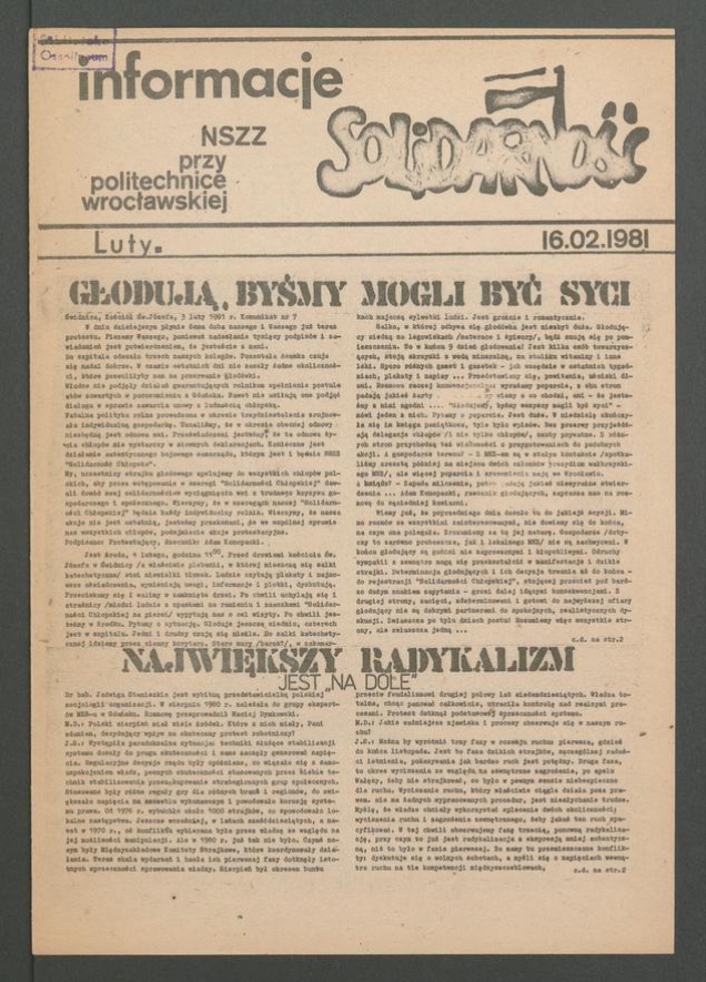 Informacje NSZZ &bdquo;Solidarność&rdquo; przy&nbsp;Politechnice Wrocławskiej, 1981.02.16