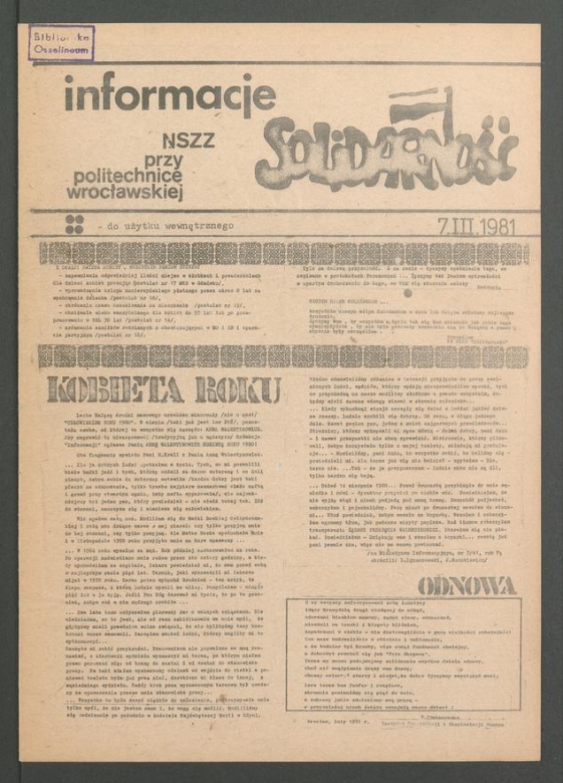 Informacje NSZZ „Solidarność” przy Politechnice Wrocławskiej, 1981.03.07