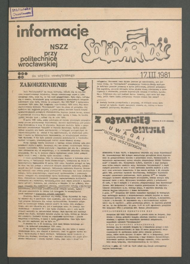 Informacje NSZZ „Solidarność” przy Politechnice Wrocławskiej, 1981.03.17