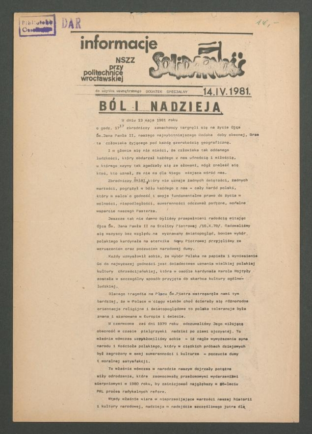 Informacje NSZZ „Solidarność” przy Politechnice Wrocławskiej, 1981.04.14, dodatek specjalny