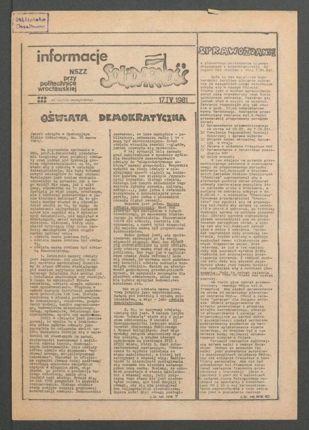 Informacje NSZZ „Solidarność” przy Politechnice Wrocławskiej, 1981.04.17
