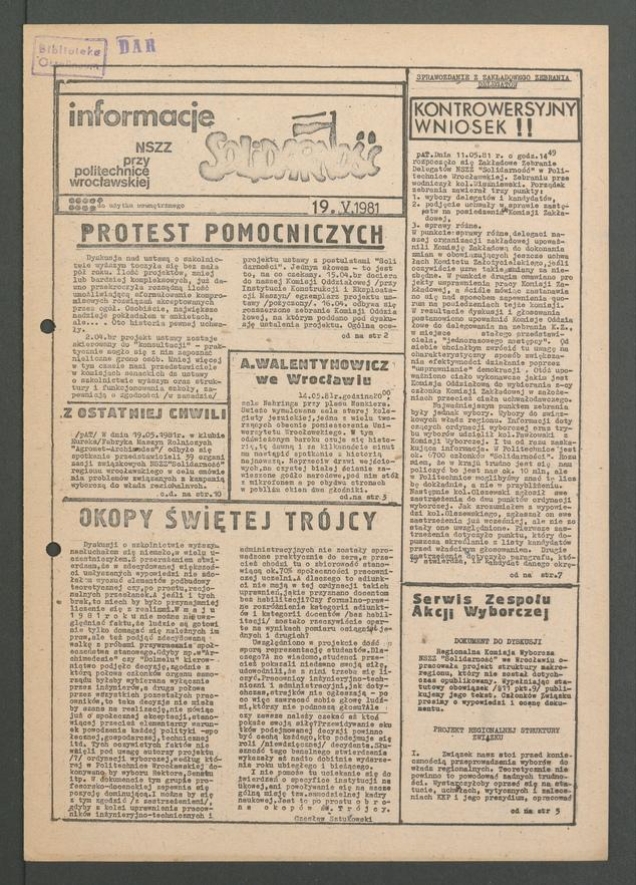 Informacje NSZZ „Solidarność” przy Politechnice Wrocławskiej, 1981.05.19