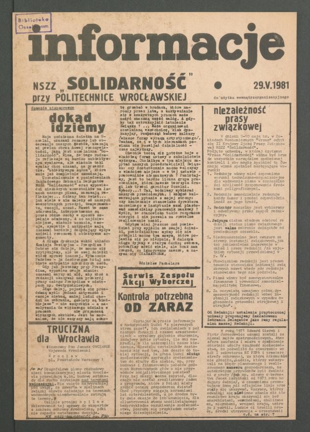 Informacje NSZZ „Solidarność” przy Politechnice Wrocławskiej, 1981.05.29