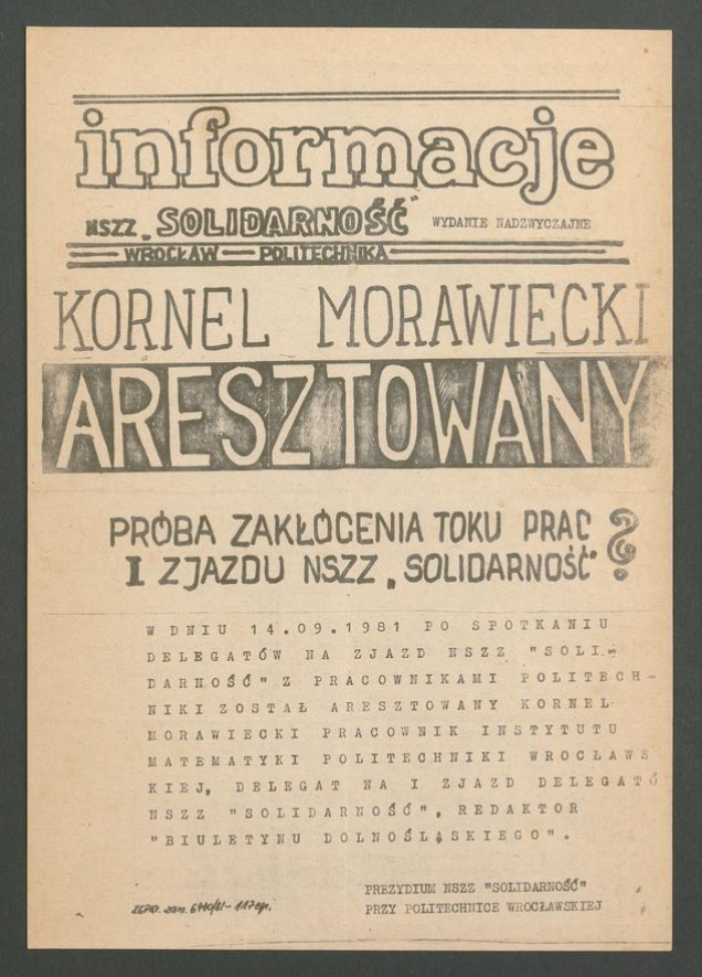 Informacje NSZZ „Solidarność” Wrocław Politechnika, 1981.09.14, wydanie nadzwyczajne: Kornel Morawiecki aresztowany