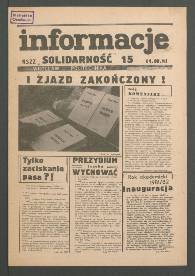Informacje NSZZ „Solidarność” Wrocław Politechnika, 1981.10.14, numer 15