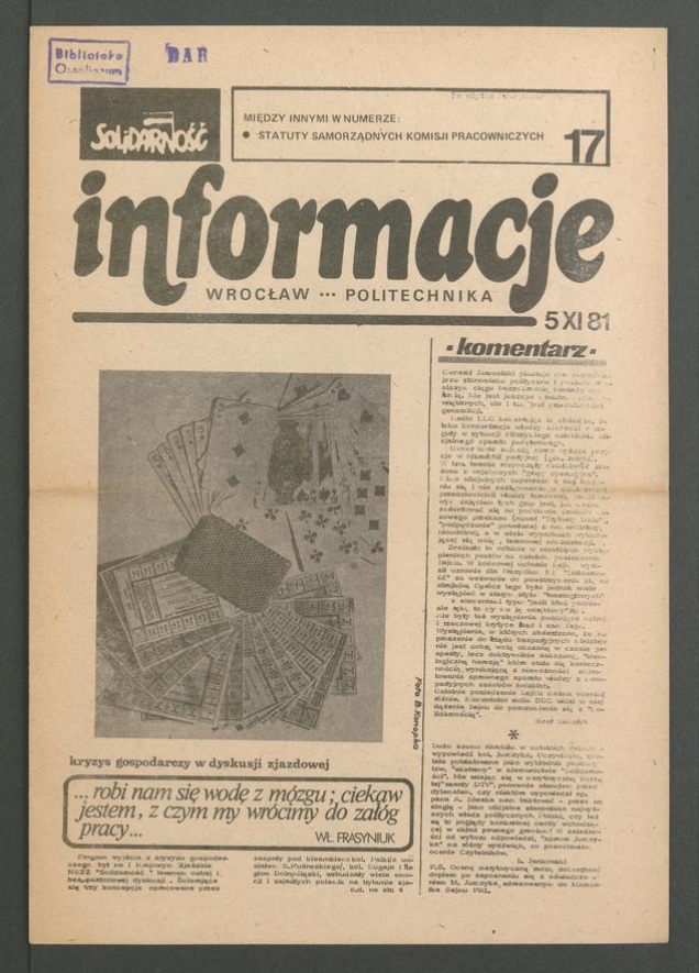 Informacje „Solidarność” Wrocław Politechnika, 1981.11.05, numer 17