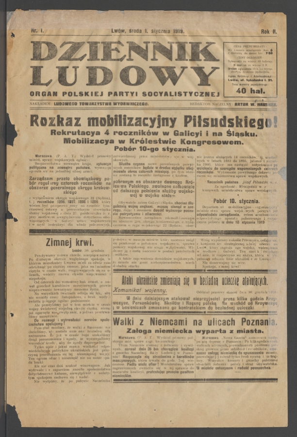 Dziennik Ludowy : organ Polskiej Partyi Socyalistycznej. Rok 2, 1919, numer 1
