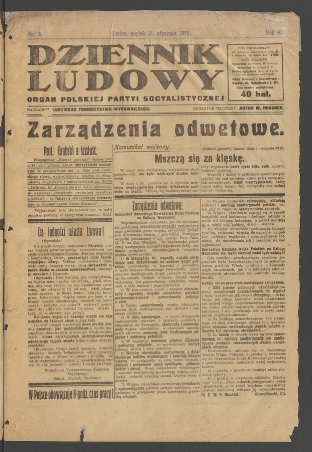 Dziennik Ludowy : organ Polskiej Partyi Socyalistycznej. Rok 2, 1919, numer 3
