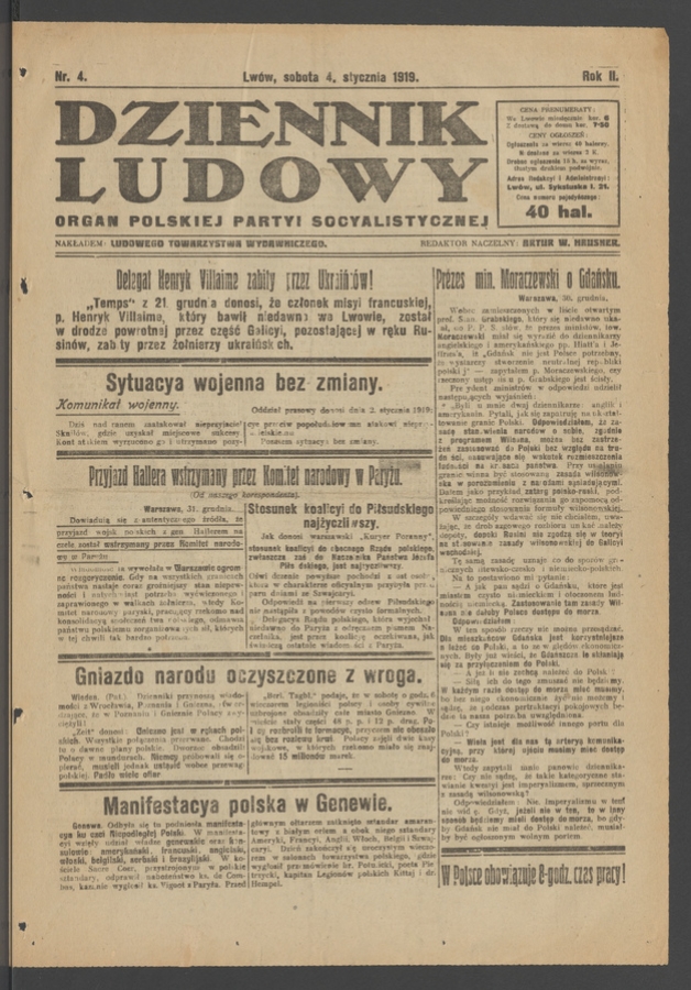Dziennik Ludowy : organ Polskiej Partyi Socyalistycznej. Rok 2, 1919, numer 4