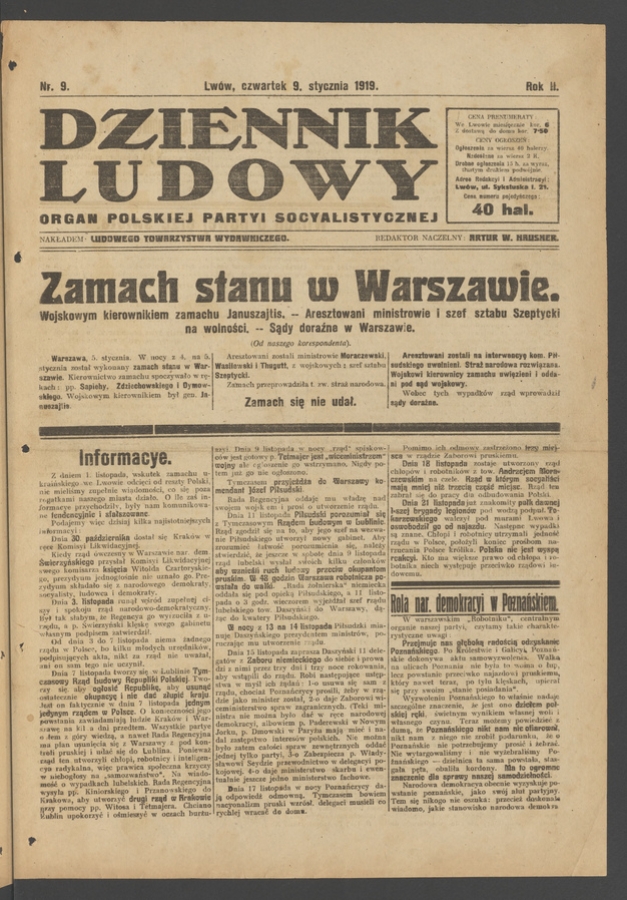 Dziennik Ludowy : organ Polskiej Partyi Socyalistycznej. Rok 2, 1919, numer 9