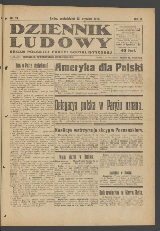 Dziennik Ludowy : organ Polskiej Partyi Socyalistycznej. Rok 2, 1919, numer 13