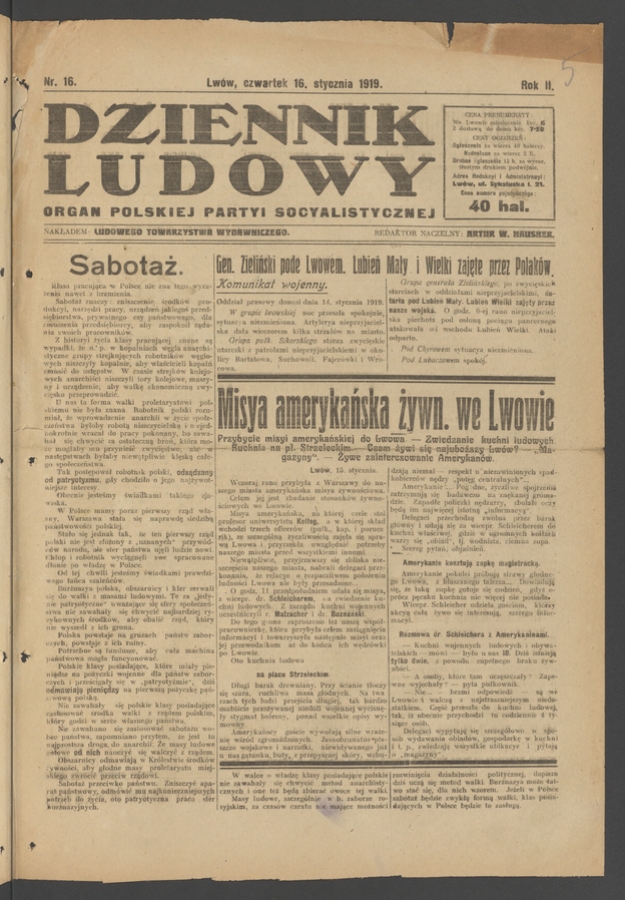 Dziennik Ludowy : organ Polskiej Partyi Socyalistycznej. Rok 2, 1919, numer 16