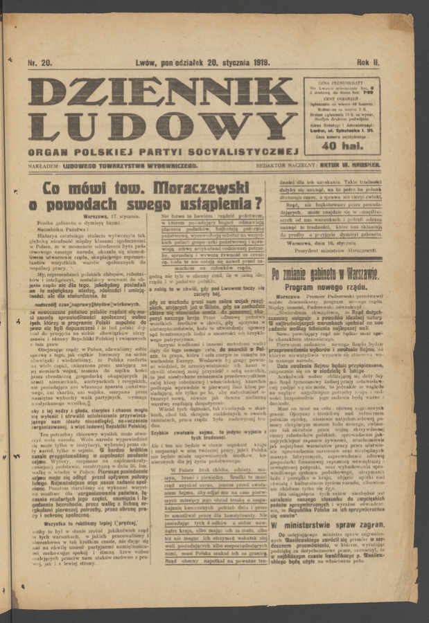 Dziennik Ludowy : organ Polskiej Partyi Socyalistycznej. Rok 2, 1919, numer 20