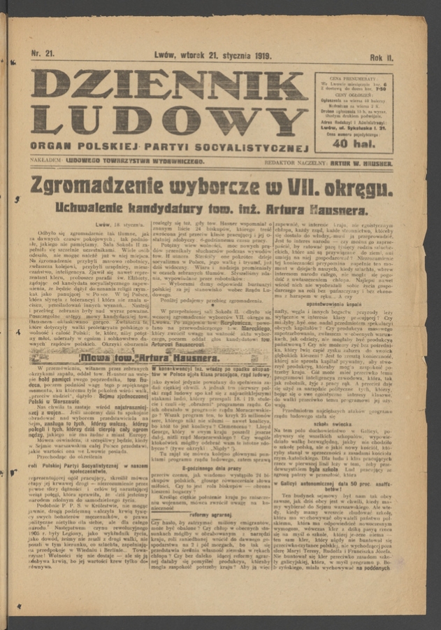 Dziennik Ludowy : organ Polskiej Partyi Socyalistycznej. Rok 2, 1919, numer 21