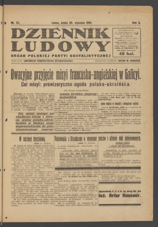 Dziennik Ludowy : organ Polskiej Partyi Socyalistycznej. Rok 2, 1919, numer 22