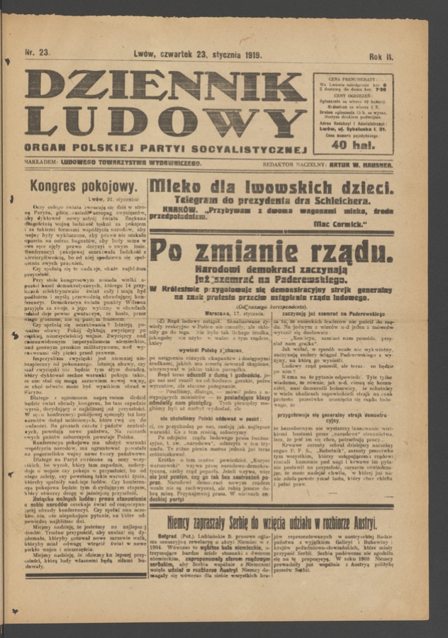 Dziennik Ludowy : organ Polskiej Partyi Socyalistycznej. Rok 2, 1919, numer 23