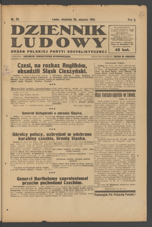Dziennik Ludowy : organ Polskiej Partyi Socyalistycznej. Rok 2, 1919, numer 26