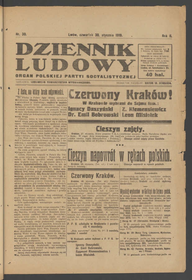 Dziennik Ludowy : organ Polskiej Partyi Socyalistycznej. Rok 2, 1919, numer 30