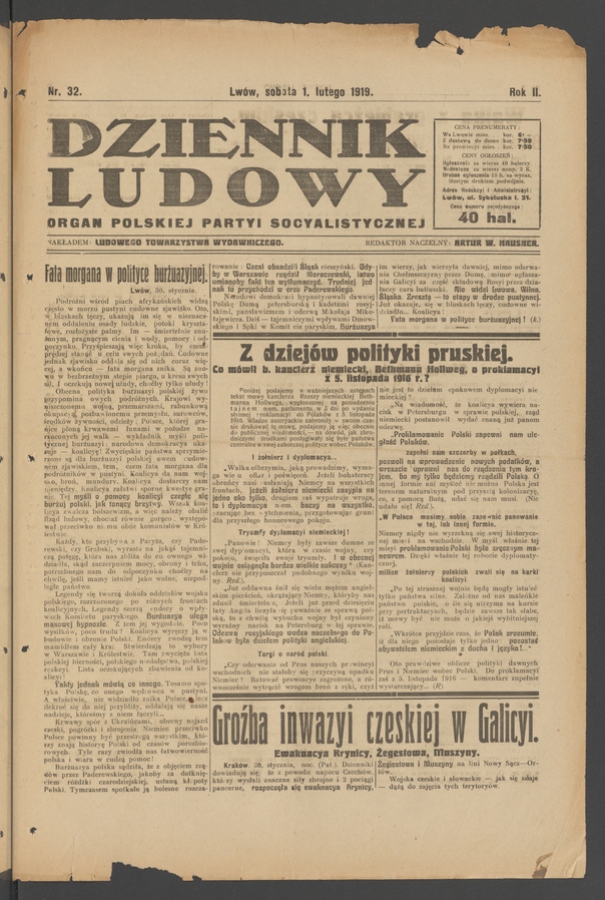 Dziennik Ludowy : organ Polskiej Partyi Socyalistycznej. Rok 2, 1919, numer 32