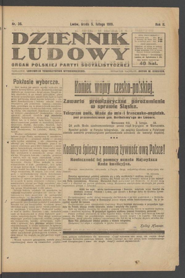 Dziennik Ludowy : organ Polskiej Partyi Socyalistycznej. Rok 2, 1919, numer 36