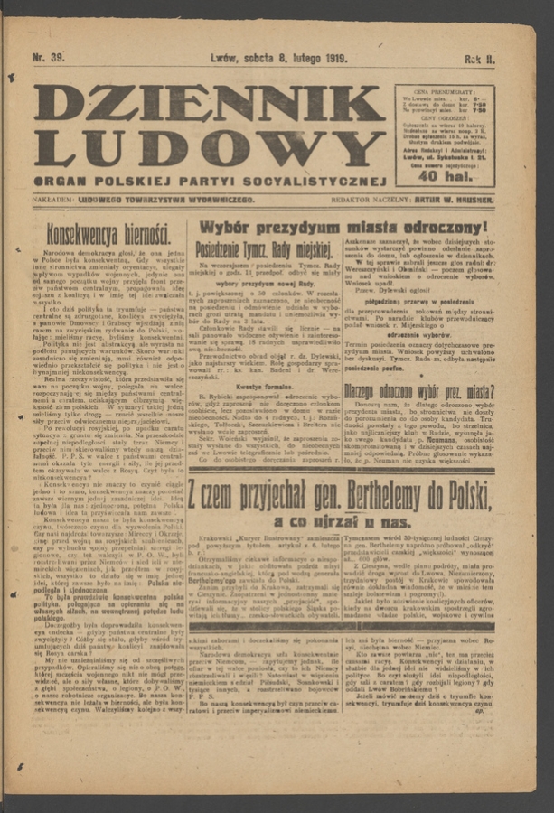 Dziennik Ludowy : organ Polskiej Partyi Socyalistycznej. Rok 2, 1919, numer 39
