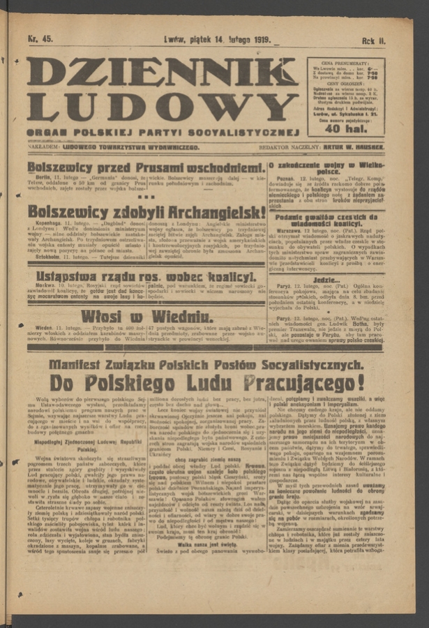 Dziennik Ludowy : organ Polskiej Partyi Socyalistycznej. Rok 2, 1919, numer 45