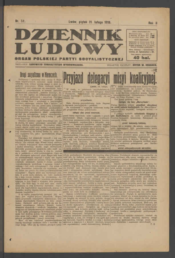 Dziennik Ludowy : organ Polskiej Partyi Socyalistycznej. Rok 2, 1919, numer 52