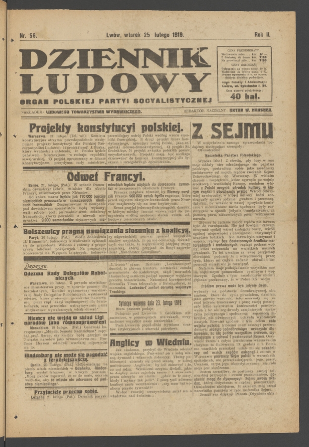 Dziennik Ludowy : organ Polskiej Partyi Socyalistycznej. Rok 2, 1919, numer 56