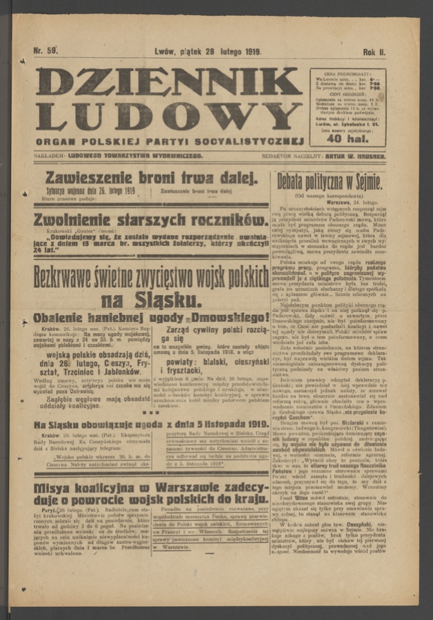 Dziennik Ludowy : organ Polskiej Partyi Socyalistycznej. Rok 2, 1919, numer 59