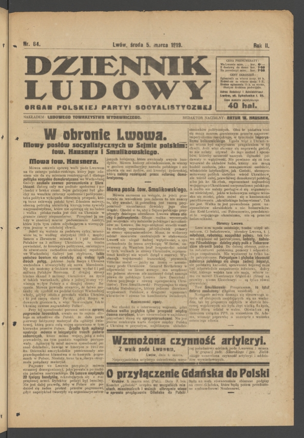 Dziennik Ludowy : organ Polskiej Partyi Socyalistycznej. Rok 2, 1919, numer 64