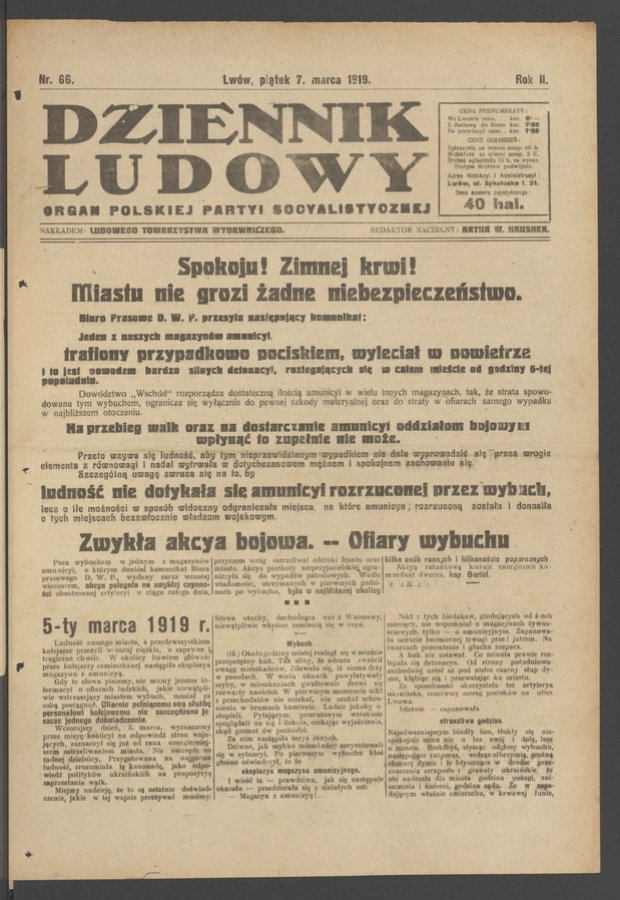 Dziennik Ludowy : organ Polskiej Partyi Socyalistycznej. Rok 2, 1919, numer 66