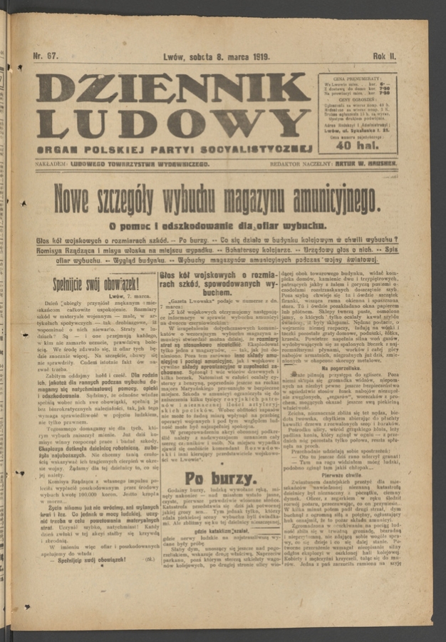 Dziennik Ludowy : organ Polskiej Partyi Socyalistycznej. Rok 2, 1919, numer 67