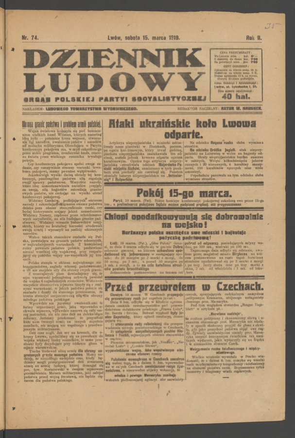 Dziennik Ludowy : organ Polskiej Partyi Socyalistycznej. Rok 2, 1919, numer 74