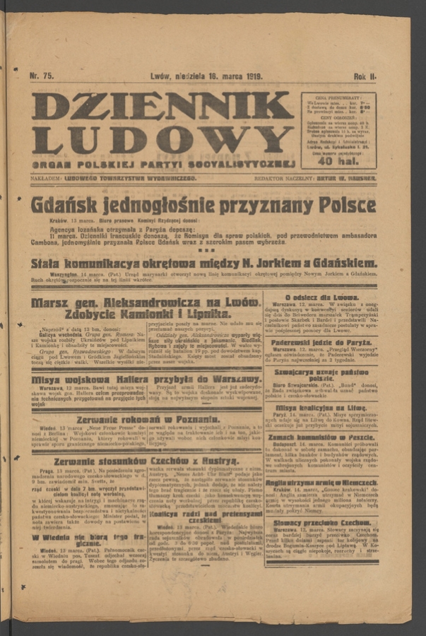 Dziennik Ludowy : organ Polskiej Partyi Socyalistycznej. Rok 2, 1919, numer 75