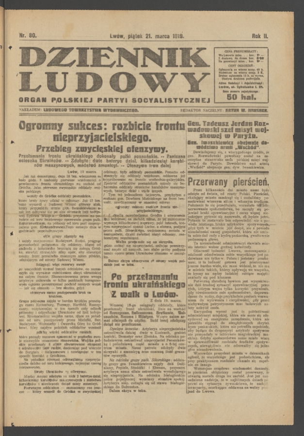 Dziennik Ludowy : organ Polskiej Partyi Socyalistycznej. Rok 2, 1919, numer 80