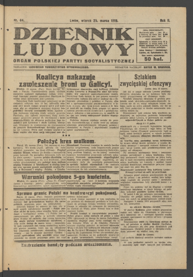 Dziennik Ludowy : organ Polskiej Partyi Socyalistycznej. Rok 2, 1919, numer 84