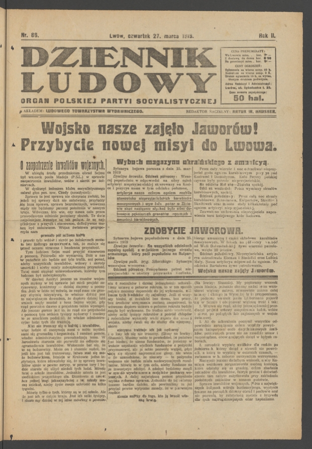 Dziennik Ludowy : organ Polskiej Partyi Socyalistycznej. Rok 2, 1919, numer 86