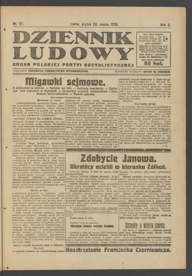 Dziennik Ludowy : organ Polskiej Partyi Socyalistycznej. Rok 2, 1919, numer 87