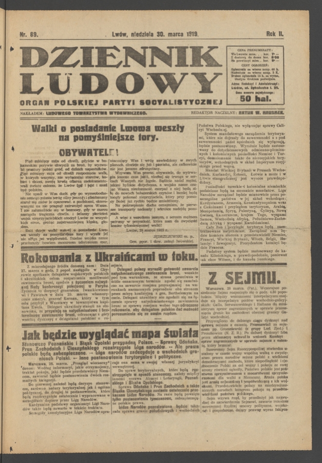 Dziennik Ludowy : organ Polskiej Partyi Socyalistycznej. Rok 2, 1919, numer 89