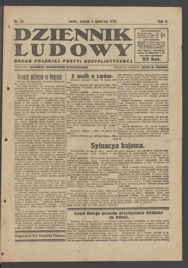 Dziennik Ludowy : organ Polskiej Partyi Socyalistycznej. Rok 2, 1919, numer 91