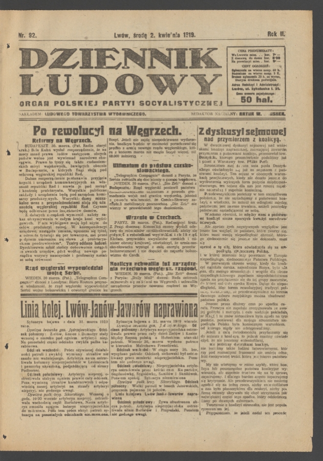 Dziennik Ludowy : organ Polskiej Partyi Socyalistycznej. Rok 2, 1919, numer 92