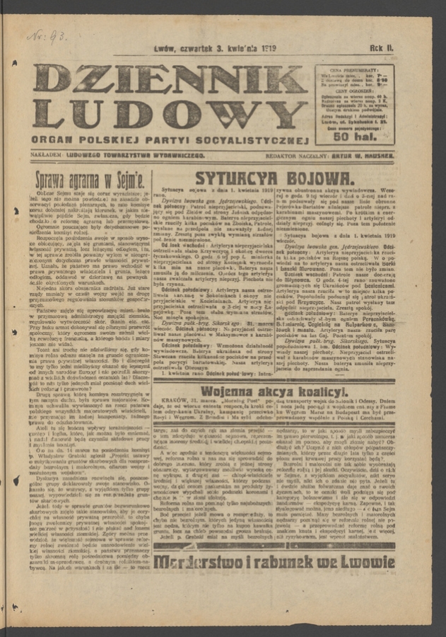 Dziennik Ludowy : organ Polskiej Partyi Socyalistycznej. Rok 2, 1919, numer 93