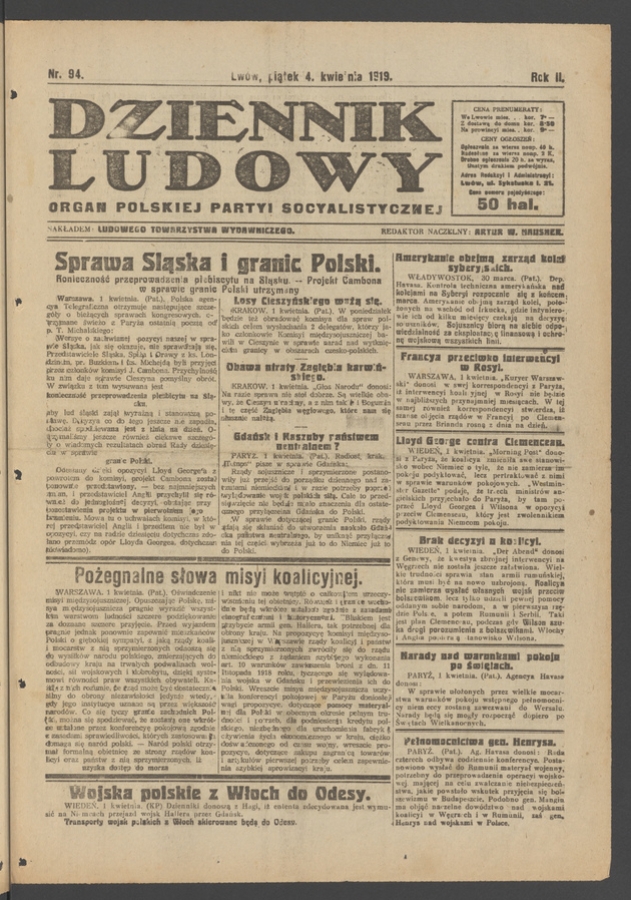 Dziennik Ludowy : organ Polskiej Partyi Socyalistycznej. Rok 2, 1919, numer 94