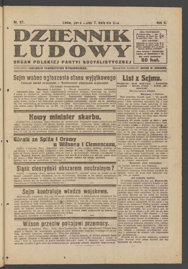 Dziennik Ludowy : organ Polskiej Partyi Socyalistycznej. Rok 2, 1919, numer 97
